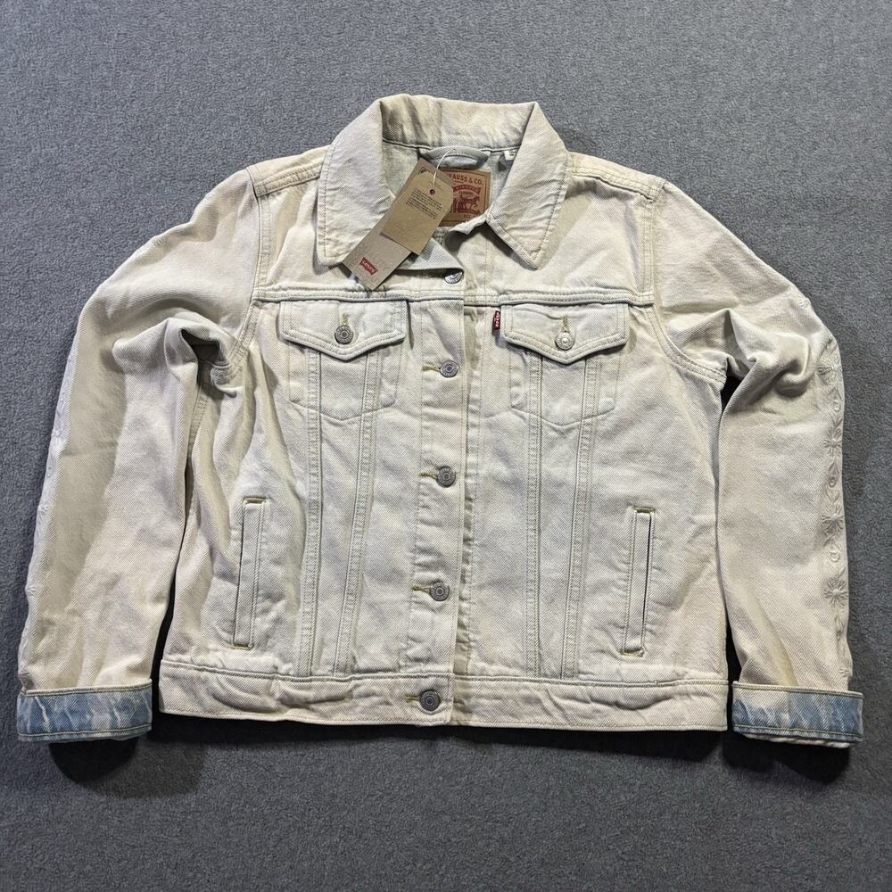 NWT Levis Womens Ex-Boyfriend Trucker Denim Jacket Large Cream White 100% Cotton